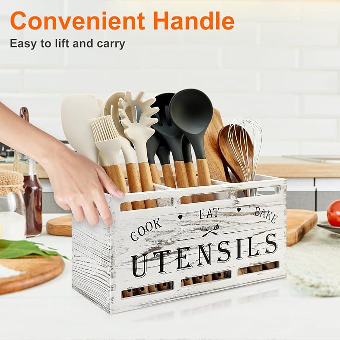 Large Utensil Holder for Kitchen Counter Farmhouse Spatula Holder Cooking Utensil Organizer Cutlery Caddy Spoon Kitchen Tools Holder (Retro White)