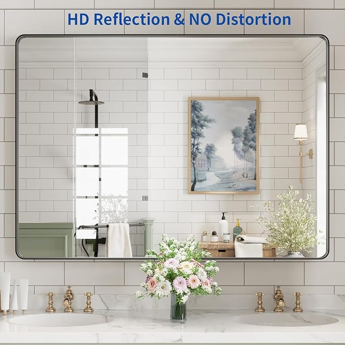 WEER Black Bathroom Mirror for Wall, 48X40 Inch Matte Black Mirror, Rectangular Black Metal Framed Vanity Mirror with Tempered Glass, Rounded Corner, Anti-Rust (Horizontal/Vertical)