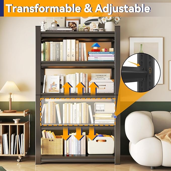 Tall Bookshelf with Open Shelves, Metal Office Book Shelf, Adjustable Organizer Bookcase, Standing Storage Organizer Shelf for Living Room (35.4" W*13.8" D*77.4" H)
