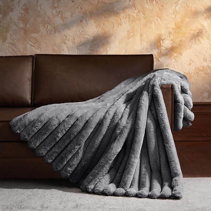 WDCOZY Faux Fur Throw Blanket Striped Super Soft Cozy Fluffy Luxurious Blankets Couch Bed Sofa Chair Home Decor Warm Furry Fall Winter Plush Lightweight Rabbit Fur Bubble Blanket 50" x 60", Darkgrey