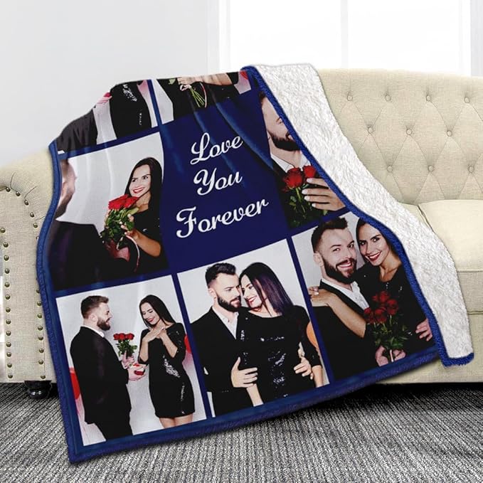 Custom Sherpa Fleece Blanket with Photos and Text - Soft Warm Fuzzy Personalized Couples Gift for Boyfriend Girlfriend - Customized Picture Blanket for Birthday Anniversary Christmas