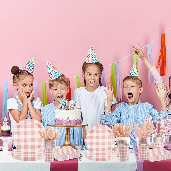 400PCS Light Pink Gingham Party Supplies, Scalloped Disposable Tableware Set Includes Paper Plates Napkins Cups Straws Forks Knives Spoons for Baby Shower Birthday Wedding Decorations, Serve 50