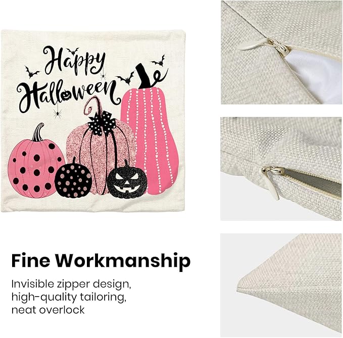 Halloween Pillow Covers 18x18 inches Set of 2 Pink Black Pumpkin Decorative Farmhouse Throw Pillow Covers Outdoor Happy Halloween Decor Farmhouse Linen Cushion Case for Home Sofa Decoration