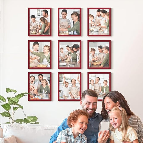 Renditions Gallery Set of 9, 11X14 Custom Photo Prints with Real Wood Picture Frames. Create Personalized Photos with Peel & Stick Photo Frames. Red Frame