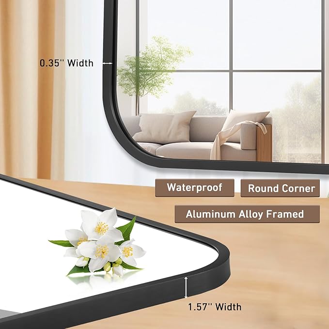 FARMER 20x30 Inch Black Bathroom Mirror, Brushed Rectangle Vanity Mirrors for Wall, Metal Frame Wall Mirror, Vanity Mirror with Round Corner for Bedrooms, Entryways, Living Rooms, Horizontal/Vertical