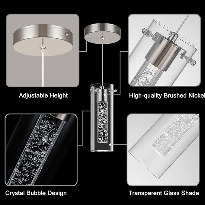 Modern LED Pendant Light, Hanging Crystal Ceiling Fixture Mini Bedroom Bedside Table Small Chandelier with Clear Glass Shade(3 Pack Brushed Nickel)