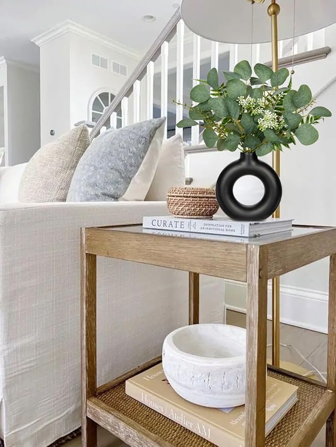 Artificial Eucalyptus Stems in Ceramic Vase 14.23" Fake Eucalyptus Plant Decor Black Donut Vase with Greenery Centerpiece Table Decorations Small Faux Green Plant for Home Farmhouse Wedding Table