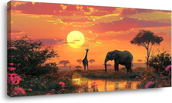 Giraffe and Elephant on Grassland Wall Art Decor Artwork for Bedroom (30x60 Inches)