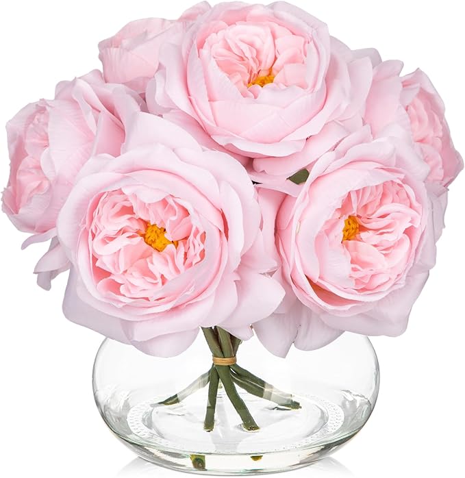 Hollyone Pink Roses Peonies Artificial Flowers with Glass Vase Silk David Austin Roses Faux Flowers Arrangements with Clear Faux Water in Vase Fake Peonies Rose Peony Floral Bulk Bouquet Home Decor