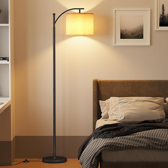 SUNMORY Arc Floor Lamp,Modern Floor Lamp with 9W 3 Color Temperatures Bulb,Metal Standing Lamps with Adjustable Hanging Lampshade,Tall Floor Lamps for Living Room,Bedroom,Office (Black)