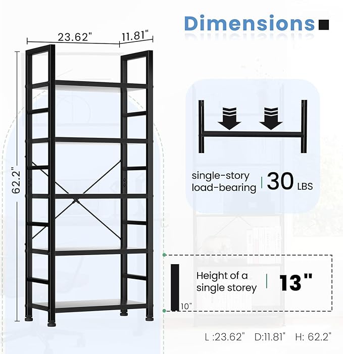 DUMOS 5 Tiers Bookshelf, Classical Book Shelf, Tall Display Shelves in Living Room/Home/Office, Storage Organizer for CDs/Books/Movies, Modern Black