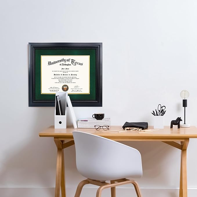 11x14 Diploma Degree Frame with Green Mat or Display 15x18 Certificates without Mat,Solid Wood,Black Finish with Intricate Black Rope Detail,UV Protection Acrylic