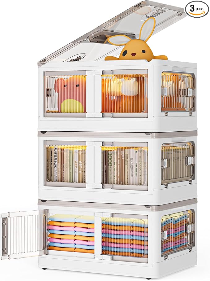 148QT Large Bins Storage with Lids, 36.9 Gal 3 Tier Plastic Stackable Storage Bins with Doors & Wheels, 5-Open Ways Collapsible Storage Bins for Closet Organizers and Storage-Room Office Livingroom