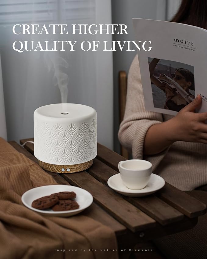 Essential Oil Diffuser, 280ml Aromatherapy Diffuser Ultrasonic Cool Mist Diffuser with Auto Shut-Off,Ceramic Diffuser for Home Office SPA Yoga