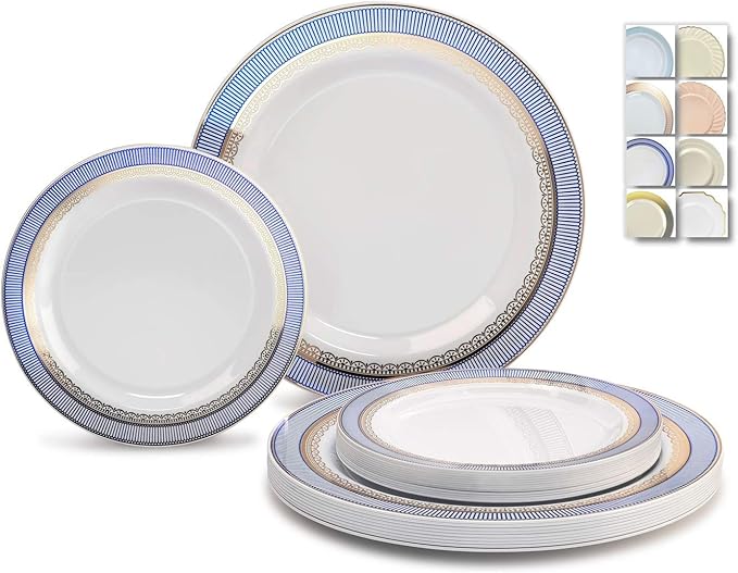 " OCCASIONS " 240 Plates Pack,(120 Guests) Heavyweight Premium Disposable Plastic Plates Set -120 x 10.5'' Dinner + 120 x 7.5'' Salad/Dessert (Louvre Blue/Gold)