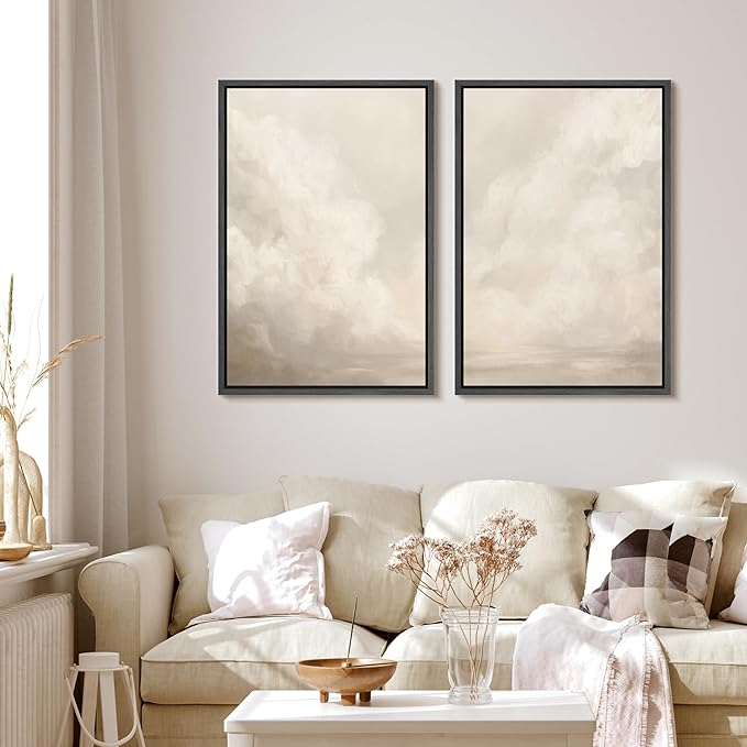 MUDECOR Framed Canvas Print Wall Art Neutral Cloudscape Soft Abstract Sky Illustrations Modern Art Decorative Bohemian Colorful Chic for Living Room, Bedroom, Office - 24"x36"x2 Black