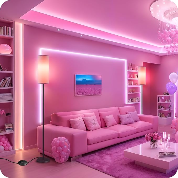 Dimmable Pink Floor Lamp for Living Room with Remote and Foot Switch, Corner Floor Lamp for Bedroom, 66" Standing Tall Lamp, 10W 900LM Bulb Included, 3000K-6500K, Linen Shade, FCC Listed P06LD05W1