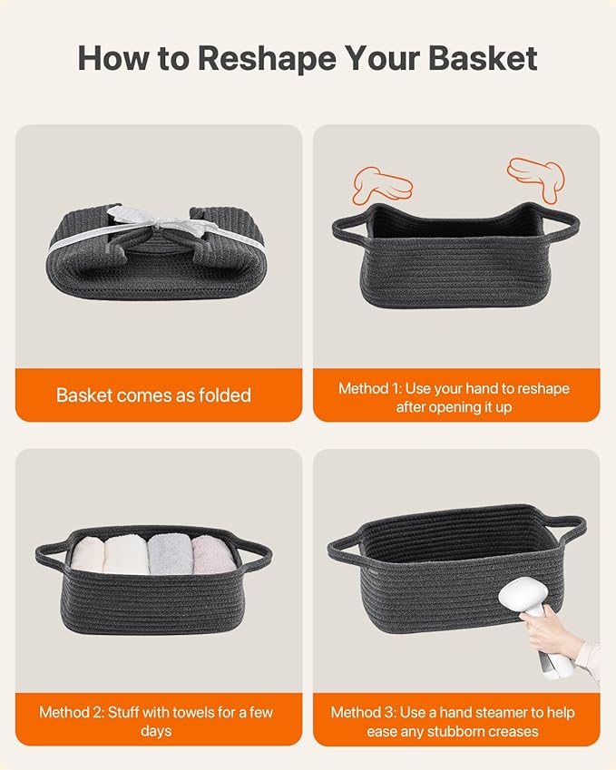 KALLAX Small Woven Basket, 12 x 8 x 4.5 Inches, Small Storage Baskets for Organizing, Gift Baskets Empty, Cute Rope Shelf Closet Storage Bins for Shelves, Dog Toy Basket, 3 Packs, Dark Grey