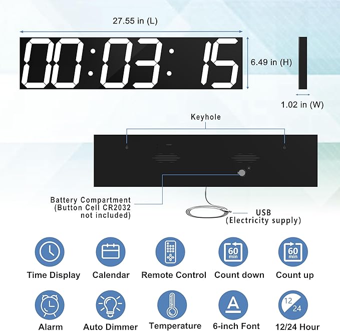 Digital Wall Clock, Oversize Led Digital Clock with Auto Dimmer, Huge Countdown Timer with Remote Control, 27" Wide Led Display, 6 Digits, Wall Mount, Date and Temperature (White)