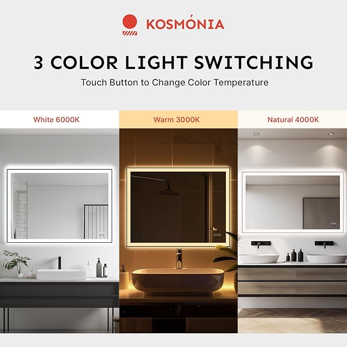 28x36'' LED Bathroom Mirror w/Light, Aluminum Frame, Dimmable Front & Backlit, Anti-Fog, Distortion Free, Light Memory, Tempered & Shatter-Proof Wall Mounted Vanity Silver Coating Mirror