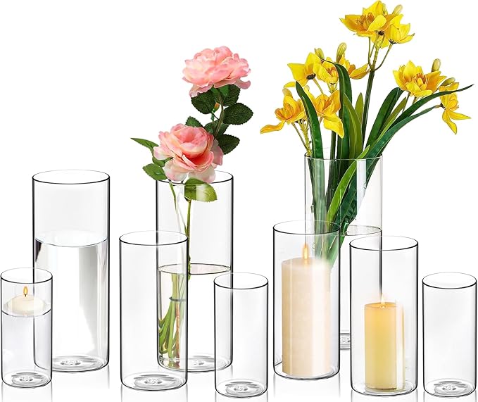 9 Pack Cylinder Vases- for Centerpieces, 6,8,10 Inch Clear Glass Cylinder Candle Holder- for Wedding Centerpirces Decoration Tall Clear Flower Vases, Hurricane Candle Holder for Party Home Decor