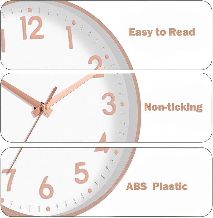 Mosewa Wall Clock 10 Inch, Battery Operated Silent Non-Ticking Modern Analog Clock Decorative for Kitchen, Bedroom, Office, Living Room(Rose Gold)