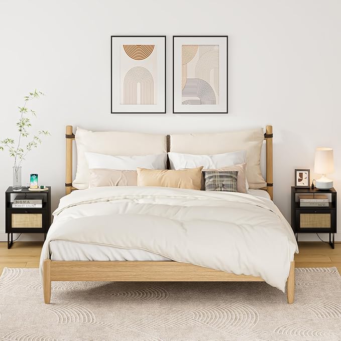 Rattan Nightstand with Charging Station, Boho Night Stand Farmhouse Wood Bedside Table with Storage and Open Shelf, End Side Accent Table for Bedroom,Living Room,Black