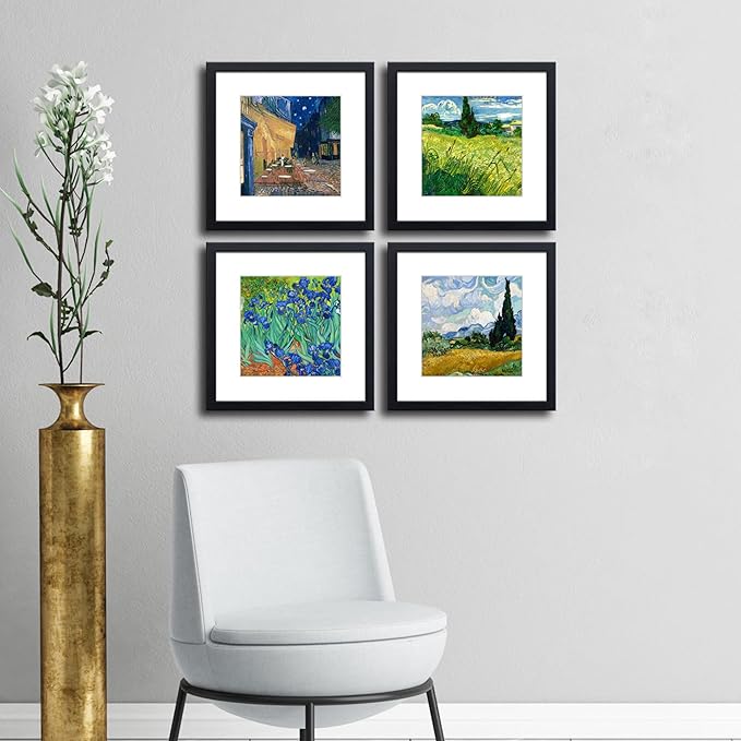 12x12 Picture Frame Set of 4 Made of Solid Wood Photo Frame with Real Glass for Pictures 8x8 with Mat or 12x12 Without Mat,Wall Mount or Tabletop Gallery Photo Frames in Black