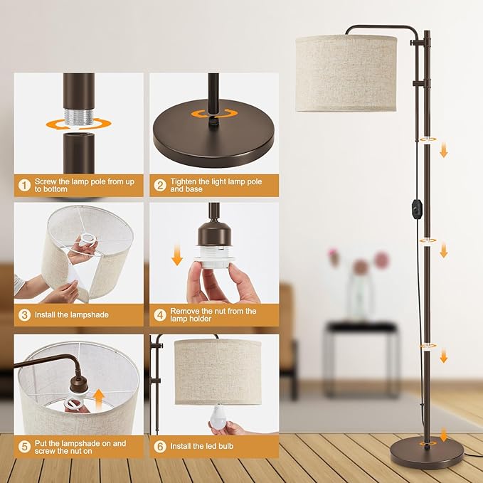 Floor Lamp for Living Room, Adjustable Height Standing Lamps with 350° Rotate Linen Lampshade, 67.5-Inch Brown Modern Tall Lamp Dimmable Floor Lamps for Corner Bedroom Home Office (Bulb Included)