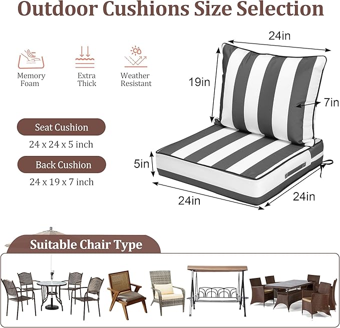 Waterproof Outdoor Chair Cushion Set of 3, 24x24x5 IN Deep Seat Patio Cushions with Fade Resistant Removable Cover,Outdoor Cushions for Patio Furniture with Ties&Handle for Chair Sofa Couch,GrayStripe
