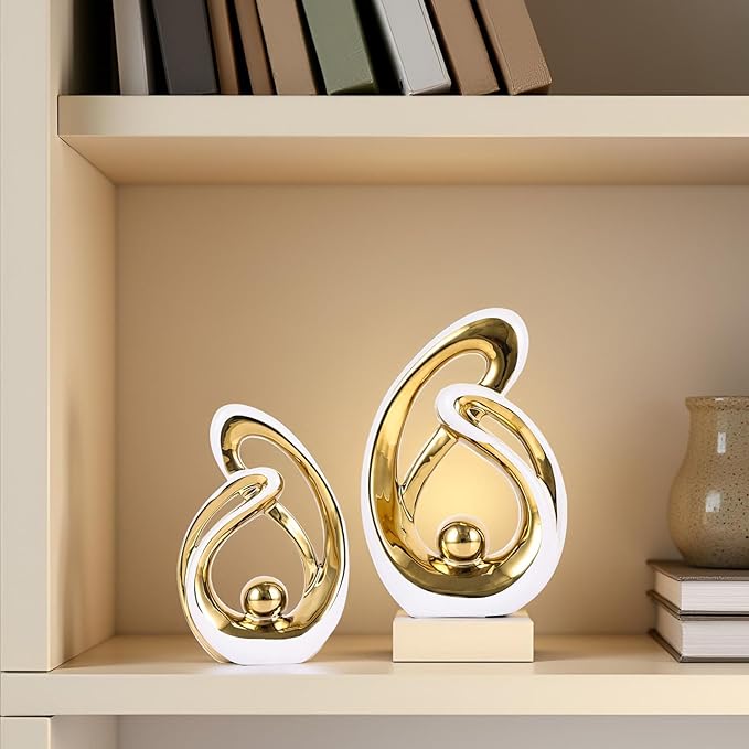 Home Decor Accent,Porcelain Art Mid Century Bookshelf Decorations,Gold Centerpieces for Tables,Abstract Ceramic Statue Sculpture for Coffee Table Mantel Tv Stand Centerpieces (White Gold, Small)