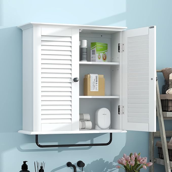 TaoHFE Bathroom Cabinet Wall Mounted White Designer Bathroom Wall Cabinet Medicine Cabinet with Double Shutter Doors 3 Tier Adjustable Shelf with Towel Rack Over The Toilet Storage Cabinet Laundry