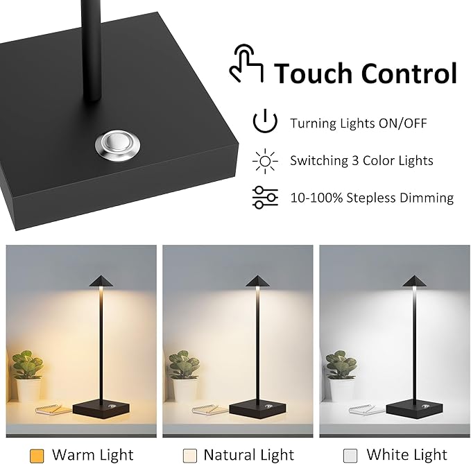 Aipsun 2 Pack Cordless Table Lamp Modern LED Battery Powered Table Lamp Rechargeable 3 Color Light Stepless Dimming Touch Lamp for Table,Living Room,Bedroom,Dining Room