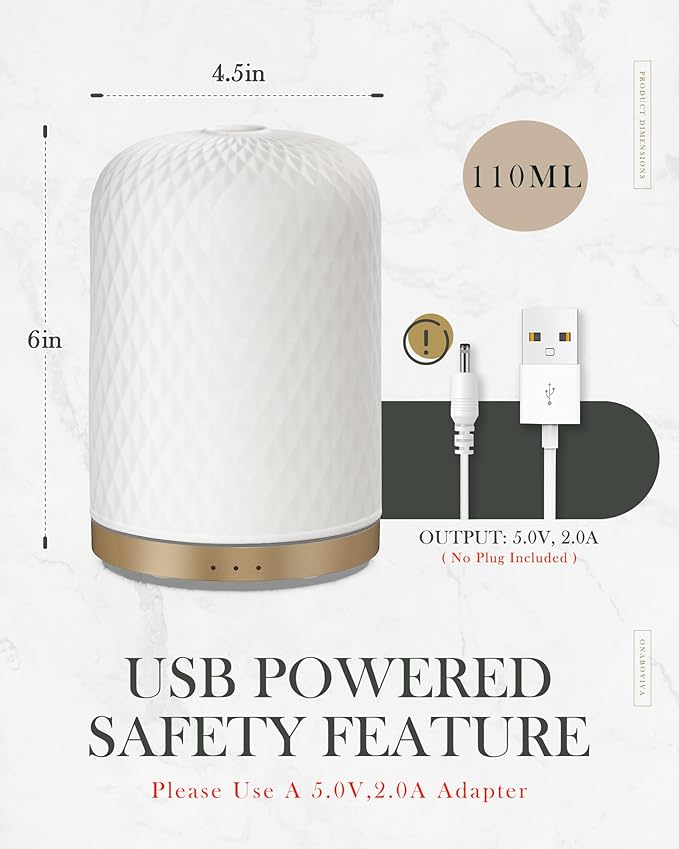 Essential Oil Diffuser,110ML Diffusers for Essential Oils Large Room, Ceramic Diffusers USB Powered Decorative Ultrasonic Defuzzer, Ideal for Aesthetic Home,Dorm Décor, Yoga,White