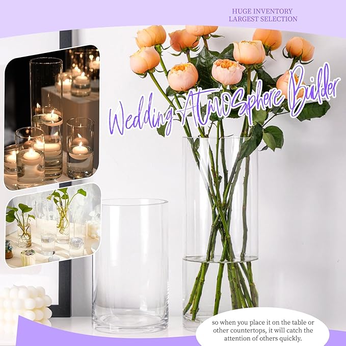15 Pack Glass Cylinder Vases 10 Inch Tall Clear Flower Vase Bulk Glass Vases Hurricane Floating Candle Holder for Table Centerpiece Party Wedding Home Decor