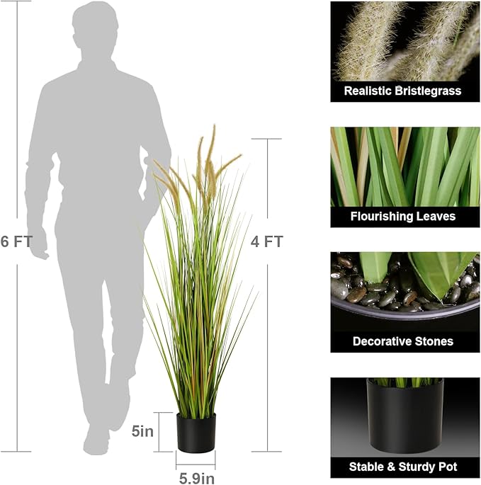 KOL Artificial 4ft Horsetail Reed Grass, 47.2in Artificial Indoor Outdoor Fake Grass Plant, Home Office Wedding Decorative Artificial Plants & Flowers in Pot Faux Plant Greenery, Housewarming Gift