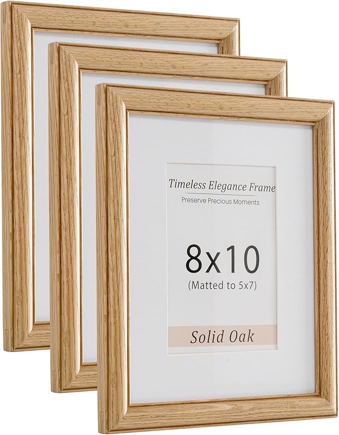 8"x10" Oak Wood Picture Frame, 8x10 Photo Frame with Tempered Glass, USA-Sourced Natural Oak Picture Frames Matted to 5x7 Photos Tabletop or Wall Mount Display, Wall Art Photo and Prints, 3 Pack
