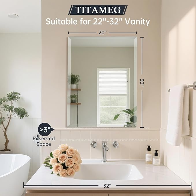 20x30 Inch Frameless Wall Mirror with 1" Beveled Edge, Frameless Rectangle Mirror for Bathroom, Vanity, Living Room