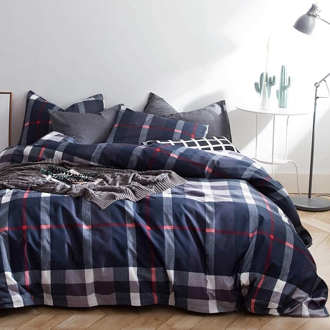 Pureant Navy Blue Plaid Comforter Set Queen Blue Grid Bedding Comforter Sets for Men Boys Tartan Geometric Queen Comforter Soft Buffalo Grid Quilts Boho Blue Queen Size Comforter Sets Breathable