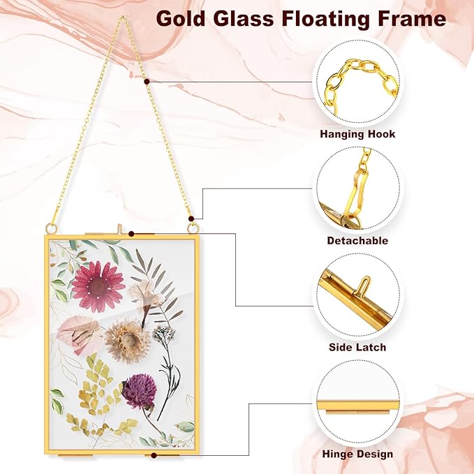 Barydat 12 Pack Pressed Flowers Glass Frames, 5 x 7 Inch Brass Hanging Floating Frame with Chain, Double Glass Photo Display for Dried Flowers, Plant Specimen, Artwork Display (Gold)