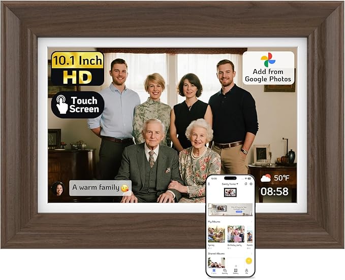 NexFoto WiFi Digital Picture Frame 10.1 Inch Touchscreen, HD 1280x800 64GB Digital Frame, Add Photos from Google Photos, Share Videos via App/USB/Micro SD, Gift for Mom/Birthday (Walnut)