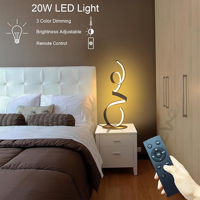 20W 3 Colors Remote Control Dimmable LED Art Table Lamp 21.4 Inch with Touch Switch for Living Room,Bedroom (Black)