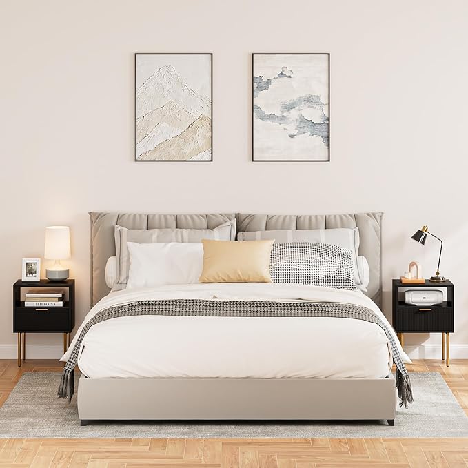 Nightstand,Morden Bedside Table with Gold Frame,Small Black Night Stand,End Table,Bedside Furniture,Side Table with Drawer and Shelf for Bedroom,Living Room (1Drawer, Black)