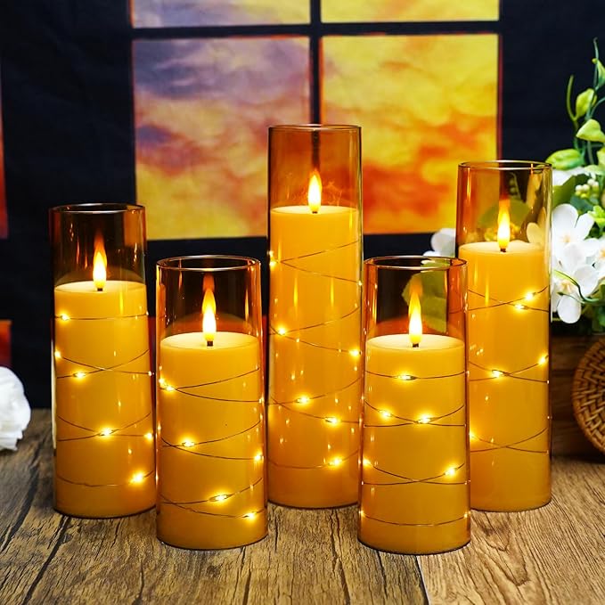 Flameless LED Candles with Timer 5 Pc Flickering Flameless Candles for Romantic Ambiance and Home Decoration Stable Acrylic Shell,with Embedded Star String，Battery Operated Candles（Gold）