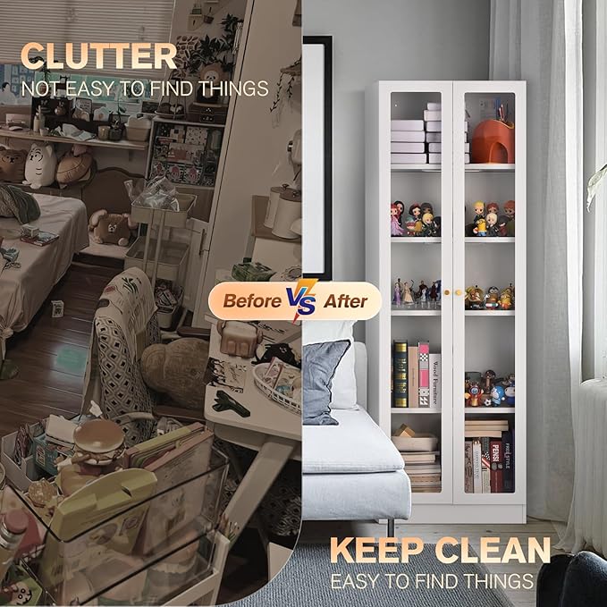 5 Tier Metal Curio Cabinets,Modern Bookcase with Acrylic Door and 4 Adjustable Shelves, 70.87 Inch Tall Storage Cabinet Display Case, Dust Proof Display Cabinet for Home Office, Living Room