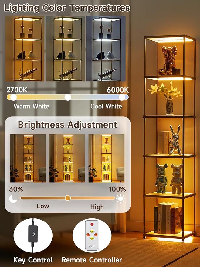 MANBUR Display Shelf with Dimmable LED Floor Lamp, Display Cabinet with Glass Bookcase, Home Decor, Bedroom Decor, Bookshelf with Light, Open Book Shelf with 6-Tier Shelf for Living Room Decor Gold