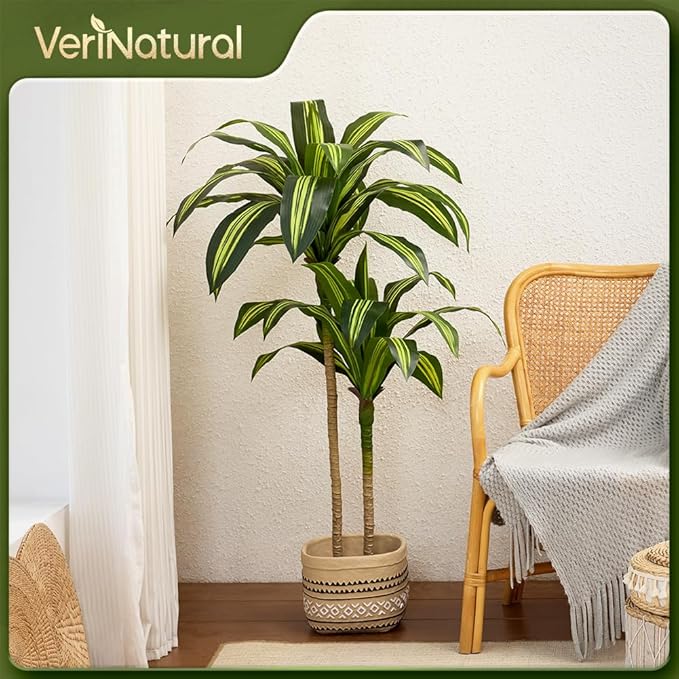 Artificial Dracaena Tree 4FT - Tall Faux Floor Plant with UV-Resistant,Artificial Plants with Lifelike Leaves,Potted Fake Trees for Home, Living Room,Indoor & Outdoor Decor,VN123(Yellow)