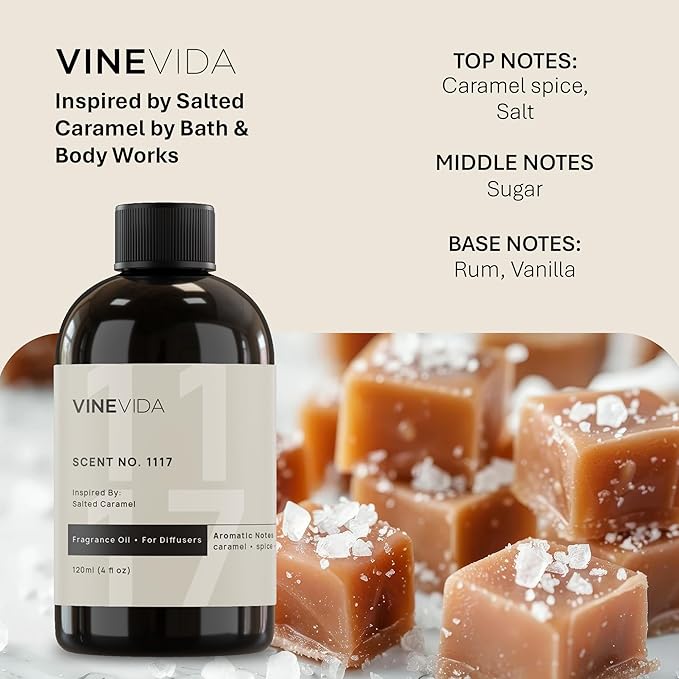 VINEVIDA [4 Fl Oz] Scent NO. 1117 Fragrance Oil for Cold Air Diffusers, Aromatic Notes of Caramel Spice, Salt, Sugar, Rum & Vanilla Essential Oils for Diffuser Oil Refill & Air Freshener Spray