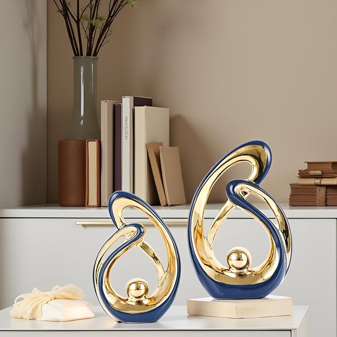 XMGZQ Home Decor Accent,Porcelain Art Mid Century Bookshelf Decorations,Gold Centerpieces for Tables,Abstract Ceramic Statue Sculpture for Coffee Table Mantel Tv Stand Centerpieces (Blue, Small)