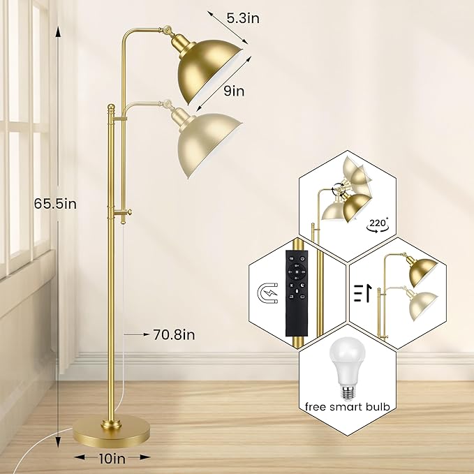 PARTPHONER Industrial Floor Lamp Adjustable, Rustic Farmhouse Reading Lamp in Aged Gold Finish, Modern Standing Lamp with Remote Control Metal Shade for Living Room Bedroom Study Room Office Hotel